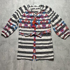 ZARA TRF Womens Sz XS Stripe Embroider Indian Cotton Poppy Dress Black White Red